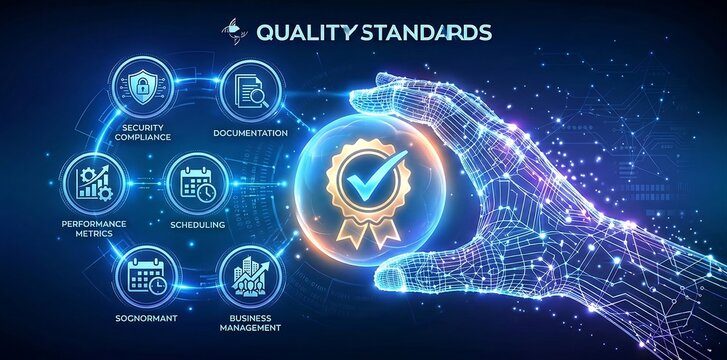 ISO standards quality control assurance warranty business technology concept. ISO standardization certification industry service concept. Accepted sign in robotic hand. Vector illustration ai