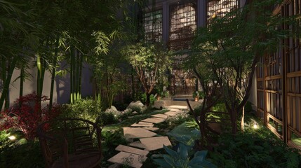 Obraz premium Serene Urban Garden Retreat Surrounded by Lush Greenery and Natural Elements in Tranquil Residential Space