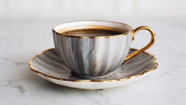 Elegant Coffee Cup - Gray and Gold Porcelain on Marble Surface, Morning Ritual.