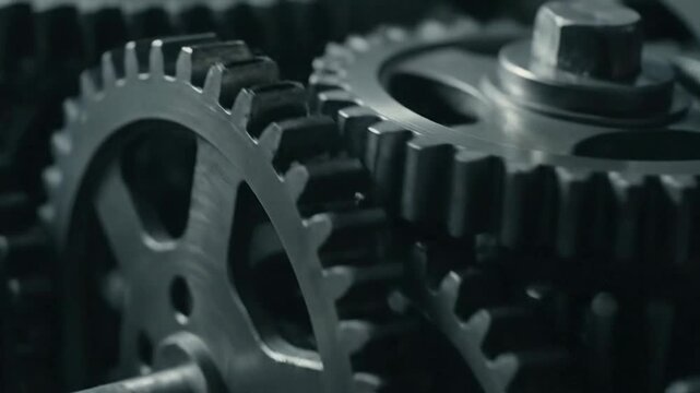 Detailed close-up of interlocking metal gears in motion.