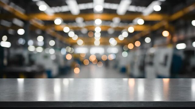 Empty metal tabletop for product display with a blurred industrial factory background. Modern steel counter for mockup presentation in a brightly lit manufacturing warehouse