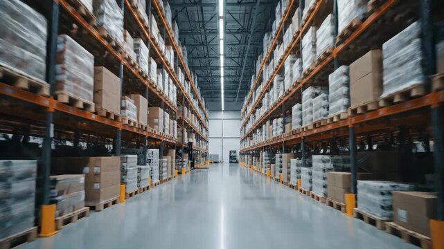 Large distribution center with shelves full of palletized goods. Industrial storage facility for global logistics, e-commerce fulfillment and supply chain management