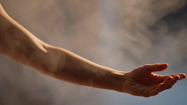 A soft focus image of a hand reaching out amid swirling smoke.