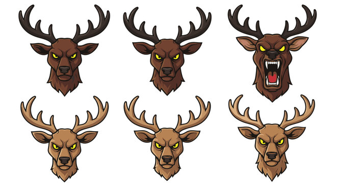 Collection of six menacing stylized deer heads with glowing eyes and sharp teeth representing different levels