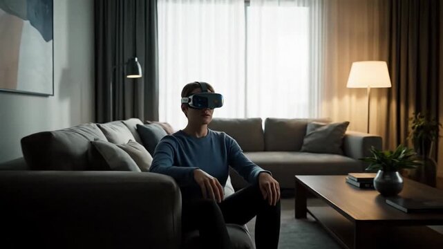 A woman experiences virtual reality in a cozy, modern living room.