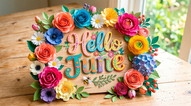 Hello june greeting on wood sign with paper flowers