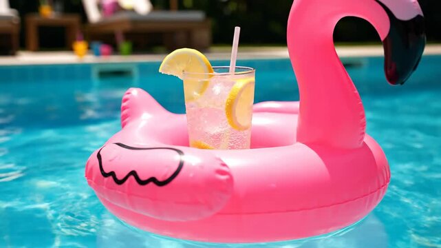 Pink inflatable flamingo drink holder with a summer cocktail floating in a blue swimming pool. Refreshing lemonade for a poolside party on a hot sunny day at a resort