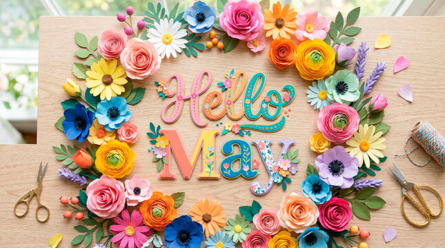 Colorful paper flowers forming wreath with hello may text