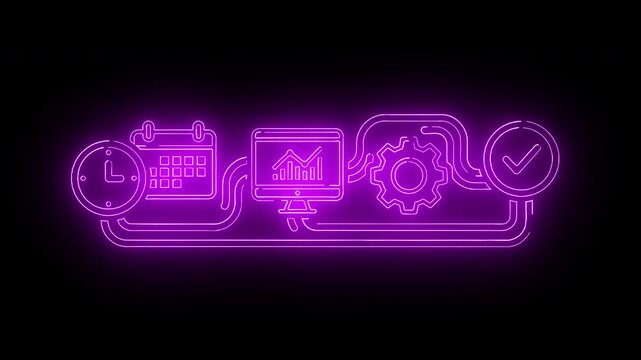 Neon purple line illustration of business and technology icons on a black background with a glowing effect.