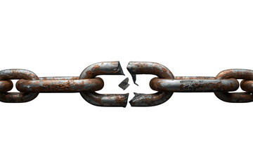 Fototapeta premium Broken rusty metal chain link separating, symbolizing freedom, liberation, weakness, and overcoming problems on transparent background