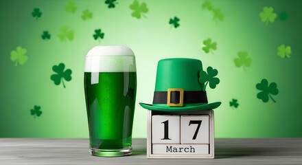 Fototapeta premium St patrick's day celebration with green beer and leprechaun hat on march 17th