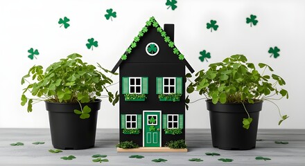 Fototapeta premium St patricks day decorations with green house and shamrock plants
