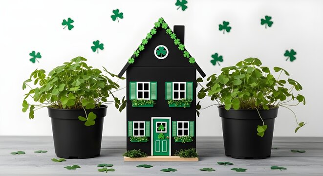 St patricks day decorations with green house and shamrock plants