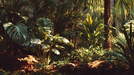 Naklejka premium Lush Tropical Jungle Landscape with Sunlight Filtering Through Leafy Canopy and Vibrant Green Plants in Natural Habitat
