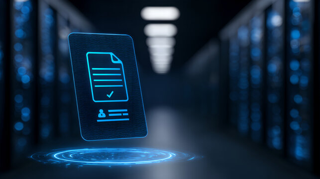 Holographic document profile card floating in a dark secure server room
