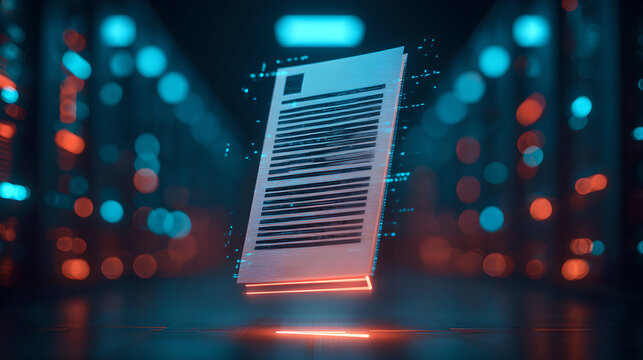 Holographic document profile card floating in a dark secure server room
