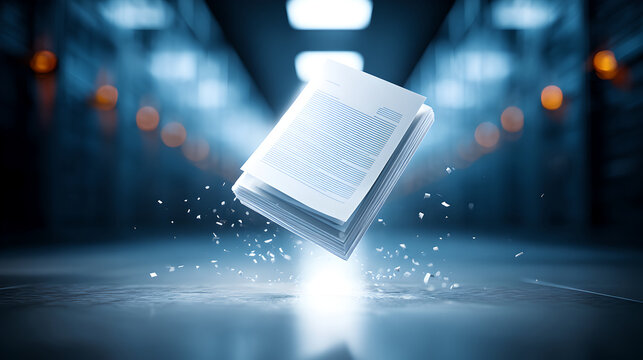 Holographic document profile card floating in a dark secure server room
