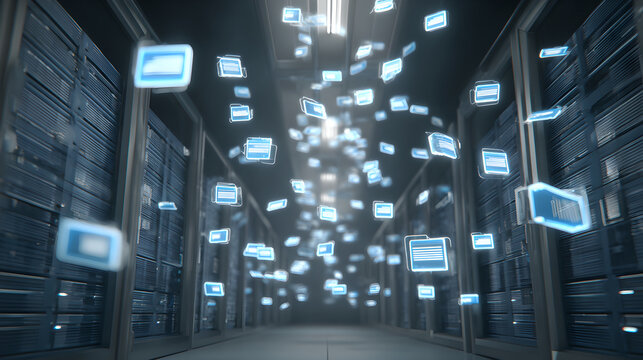 Holographic document profile card floating in a dark secure server room
