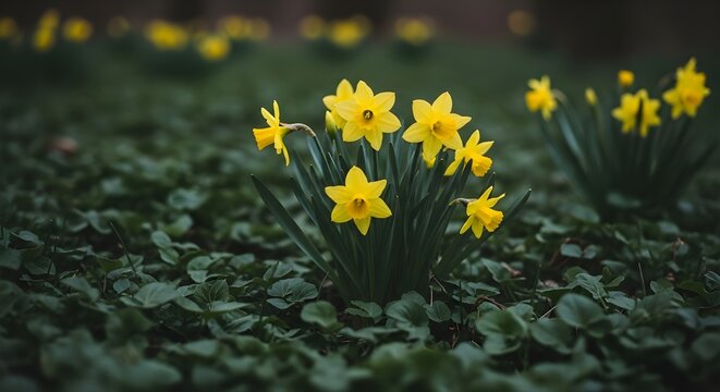 Vibrant yellow daffodils blooming on the first day of spring welcoming longer days and warmer weather