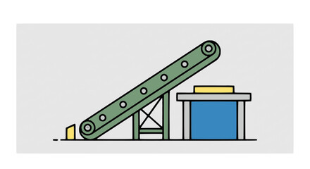 Flat vector illustration of an industrial conveyor belt system transporting materials to a processing station, representing manufacturing automation, logistics, and factory production lines.