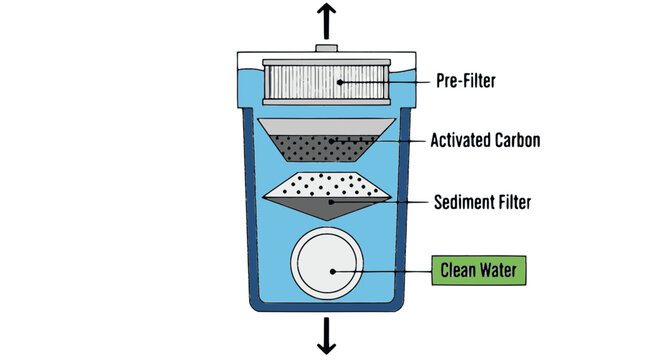 Flat vector diagram of a multi-stage water filtration system, featuring labeled components like pre-filter, activated carbon, and sediment filter for purifying water for home or industrial use.