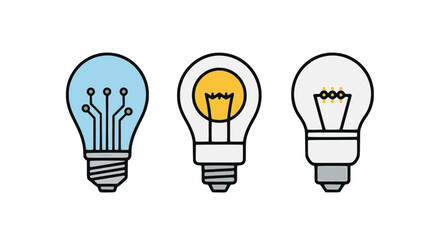 Vector illustration of three light bulbs representing different concepts: technology/AI, traditional incandescent idea, and energy efficiency. Perfect for innovation and creative thinking.