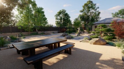 Obraz premium Tranquil Japanese Garden with Wooden Table and Rocks Surrounded by Lush Greenery for Relaxation and Reflection