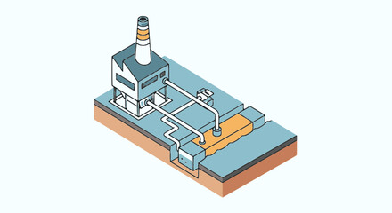 Obraz premium Isometric vector illustration of an industrial factory connected to an underground pipeline system. Concept for oil, gas, water supply, or sewage infrastructure and industrial plant engineering.
