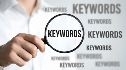 Businessman searching for keywords with magnifying glass