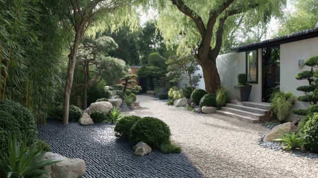Serene Zen Garden Pathway with Lush Greenery, Stone Features, and Tranquil Atmosphere in Contemporary Design