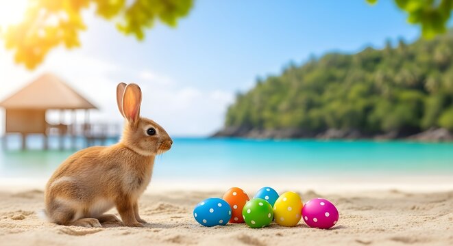 Easter monday beach scene with easter bunny and colorful eggs