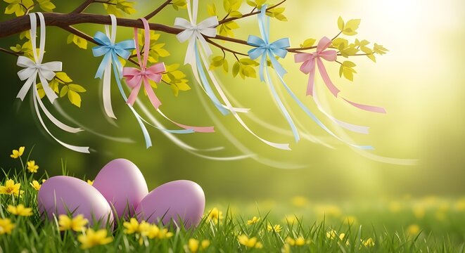 Easter monday decorations pastel easter eggs and ribbons in blooming garden on spring holiday