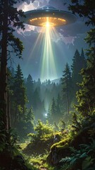 A spaceship hovers above a forest