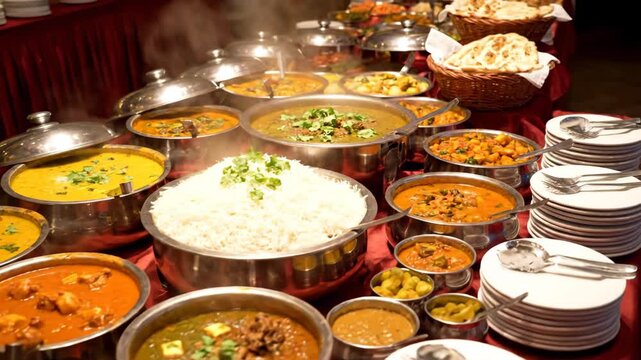 A large buffet spread of authentic indian cuisine for a wedding reception or party. Hot steaming curry dishes, basmati rice, and naan bread are ready for serving guests