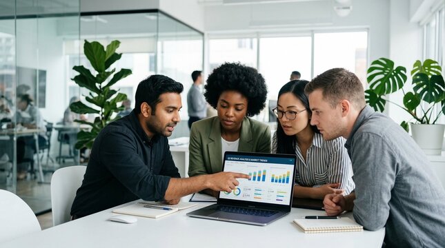 Coworkers syncing on marketing strategy at office desk