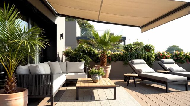 Automatic retractable canopy extending to create shade on a sunny residential terrace. Upscale patio furniture including a sofa and sunbeds for a perfect summer retreat