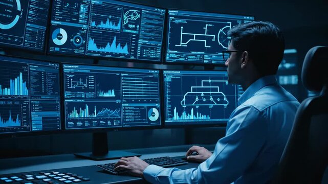 Professional asian male it specialist working in a modern system control room. Engineer monitoring data on multiple computer screens with futuristic user interface