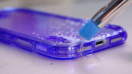 Close-Up of Vibrant Purple Phone Case with Water and Brush Accenting Smartphone Protection and Maintenance