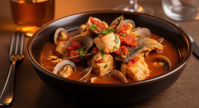 Hearty Italian Cacciucco Fish Stew with Assorted Seafood, including Fish Fillets and Clams, Simmered in a Rich Tomato Broth