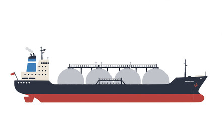 Obraz premium LNG tanker ship vector illustration. Large gas carrier vessel for maritime energy transport and global logistics. Industrial cargo ship for natural gas and petroleum trade.