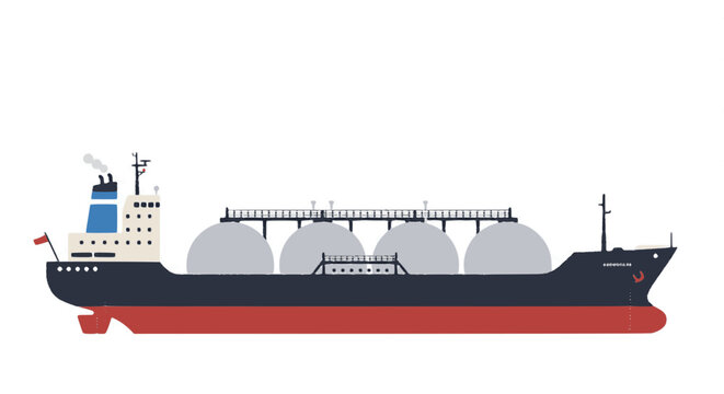 LNG tanker ship vector illustration. Large gas carrier vessel for maritime energy transport and global logistics. Industrial cargo ship for natural gas and petroleum trade.