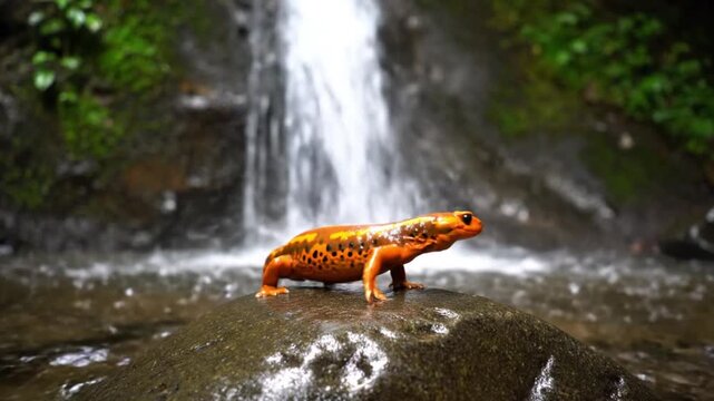 Orange salamander in natural habitat with soft focus and lush greenery for wildlife conservation