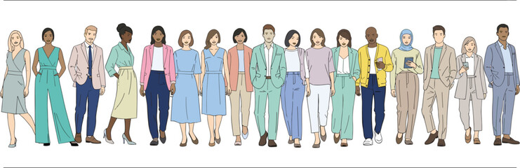 Obraz premium Large Group of Diverse Men and Women Professionals Standing Together in Business Casual Attire for Corporate Teamwork and Community Concepts