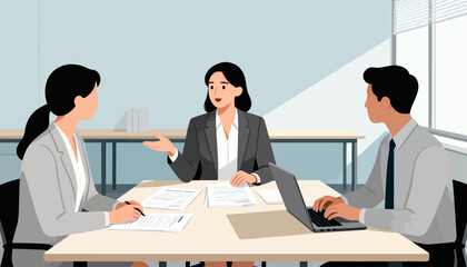 Three professionals meet at a conference table. Woman speaks, gesturing to explain a point. Two others listen attentively, one taking notes. The room feels calm, focused, and collaborative