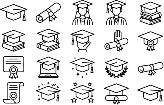 Graduation education icon set featuring student caps, diploma certificates, graduates and books in outline style isolated on white background for academic learning design