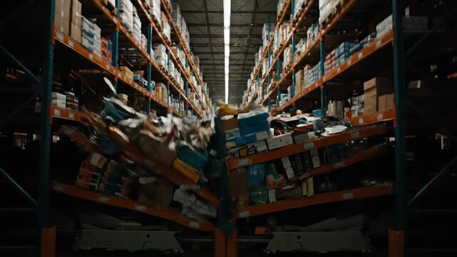 Warehouse Aisles Shelves Stocking in Aisle with Pallets and Boxes