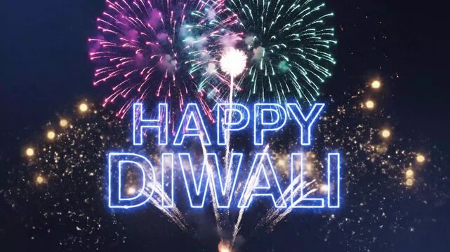 Colorful diwali fireworks display with illuminated greeting text celebrating festival of lights