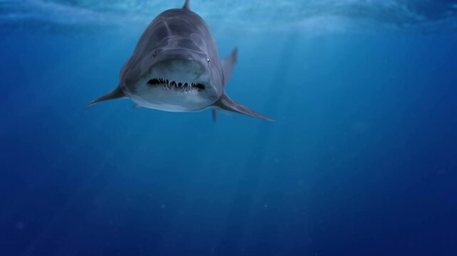 Great White Shark Approaching Through Deep Blue Ocean Waters