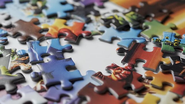 Close-up Macro View of Scattered Colorful Puzzle Pieces Forming a Circular Pattern on a White Background with Shallow Depth of Field and Soft Lighting