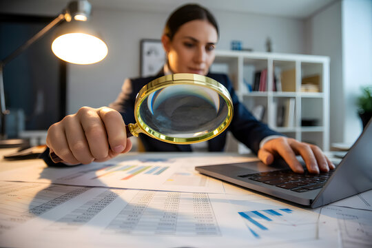 Businesswoman examining financial reports with magnifying glass and laptop &mdash; detailed audit, financial analysis and data review concept